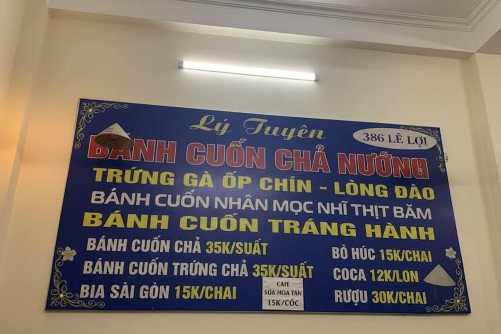 Menu quán bánh cuốn chả Lý Tuyên